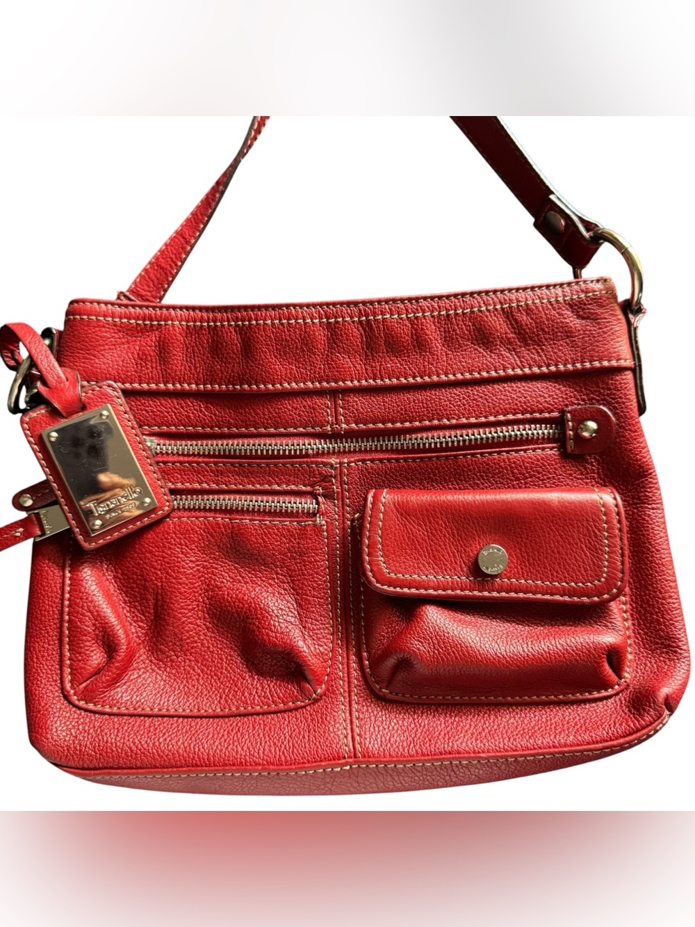 Tignanello Red Pebbled Leather Shoulder Bag with Front Pockets